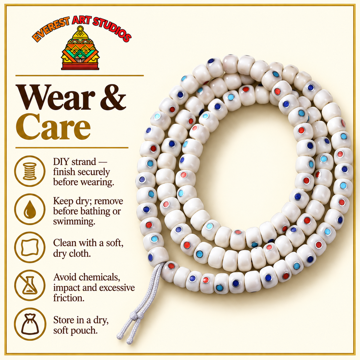 EverestArtstudios Camel Bone Inlaid Multi-Treasure or Auspicious Wan 108-Bead DIY Strand — care