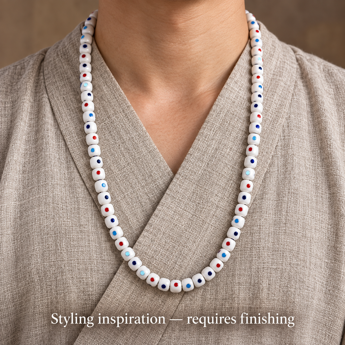 EverestArtstudios Camel Bone Inlaid Multi-Treasure or Auspicious Wan 108-Bead DIY Strand — linen seated