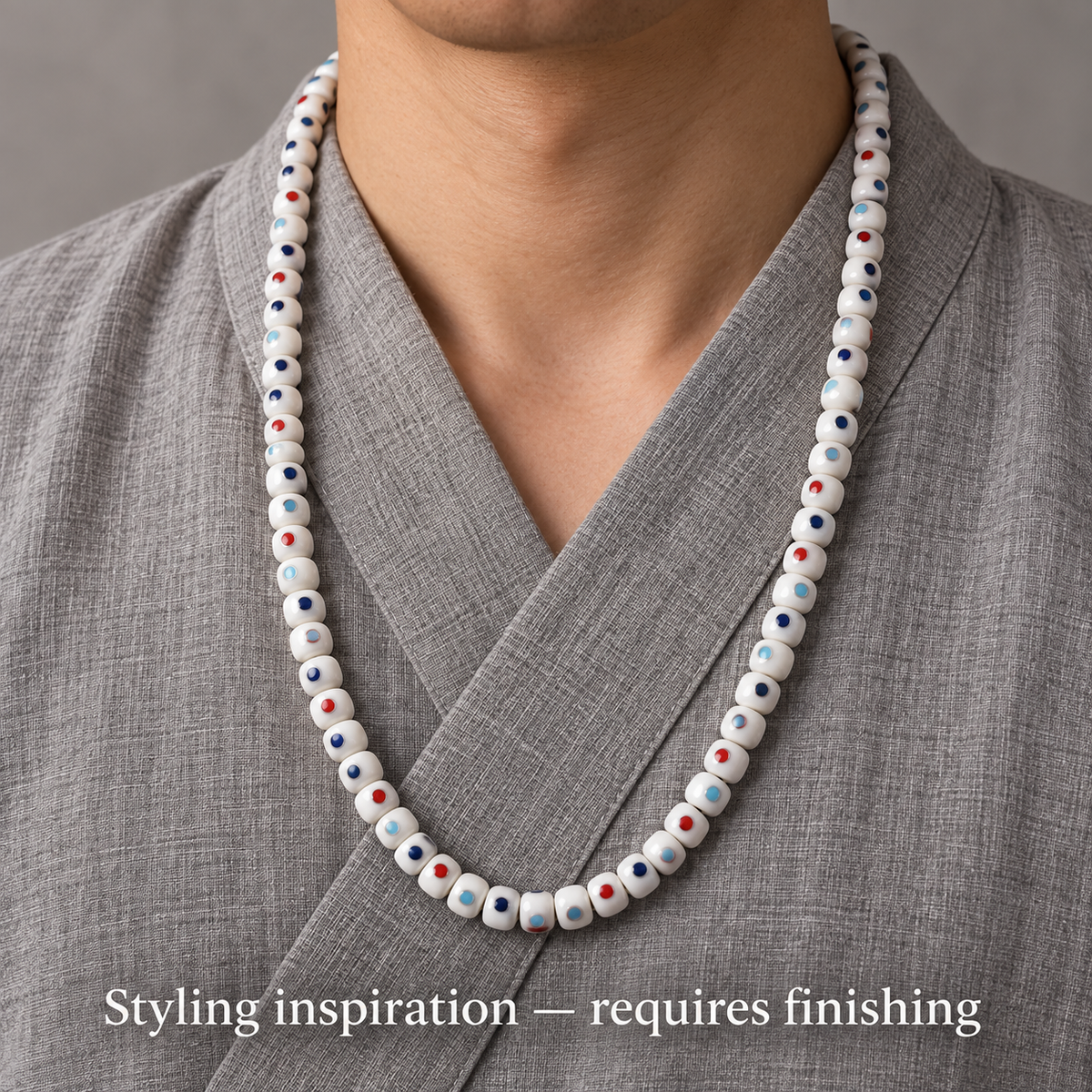 EverestArtstudios Camel Bone Inlaid Multi-Treasure or Auspicious Wan 108-Bead DIY Strand — linen side
