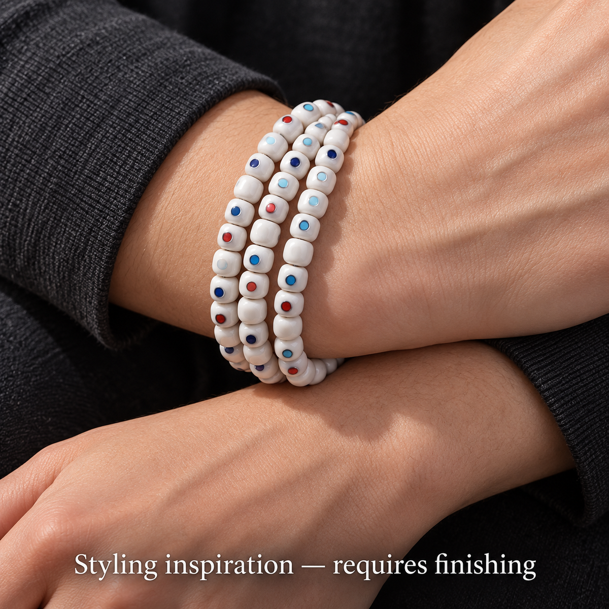 EverestArtstudios Camel Bone Inlaid Multi-Treasure or Auspicious Wan 108-Bead DIY Strand — wrist crossed