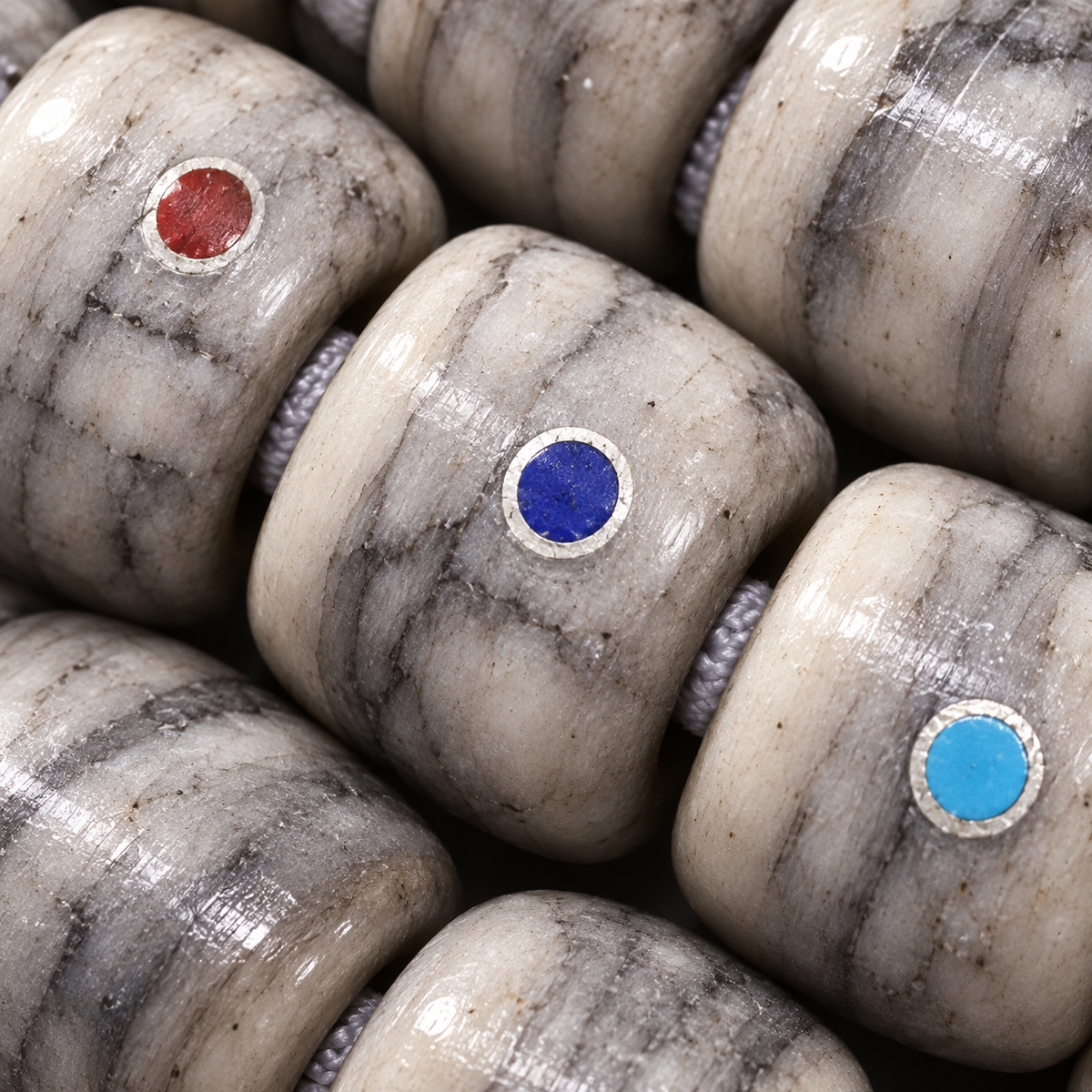 EverestArtstudios Aged Camel Bone Inlaid Multi-Treasure 108-Bead DIY Strand — surface detail