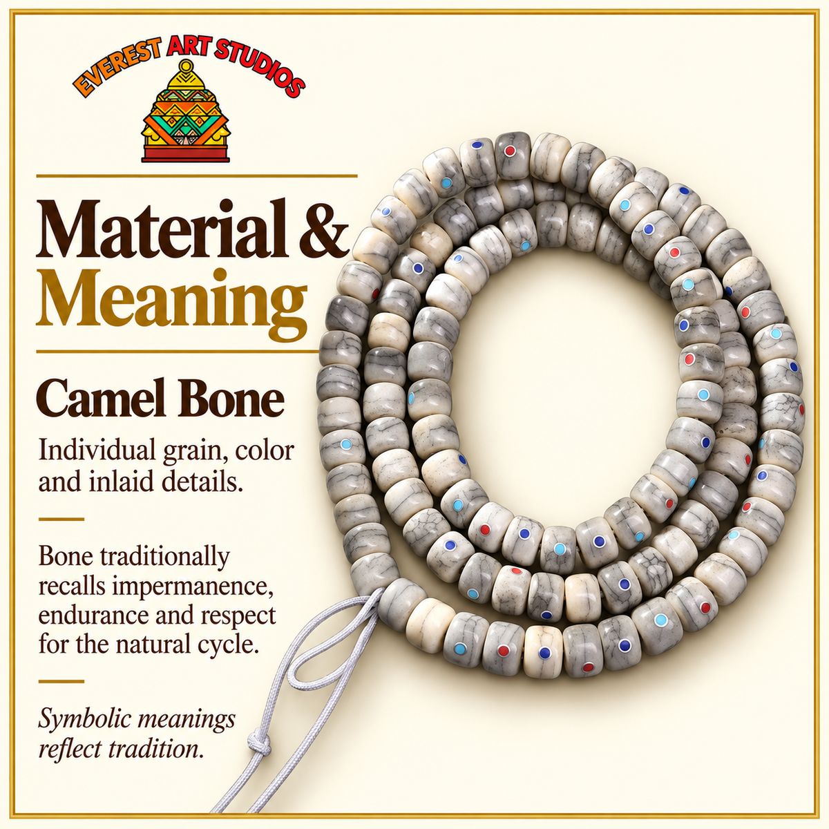 EverestArtstudios Aged Camel Bone Inlaid Multi-Treasure 108-Bead DIY Strand — materials meaning