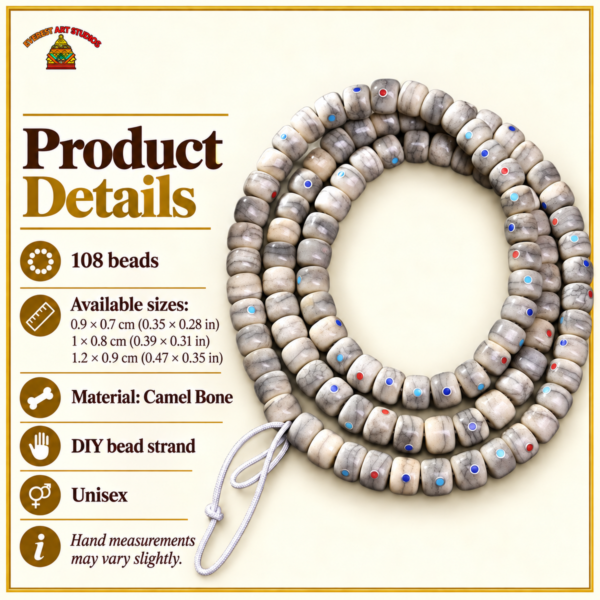 EverestArtstudios Aged Camel Bone Inlaid Multi-Treasure 108-Bead DIY Strand — specifications