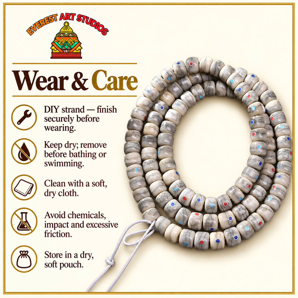 EverestArtstudios Aged Camel Bone Inlaid Multi-Treasure 108-Bead DIY Strand — care
