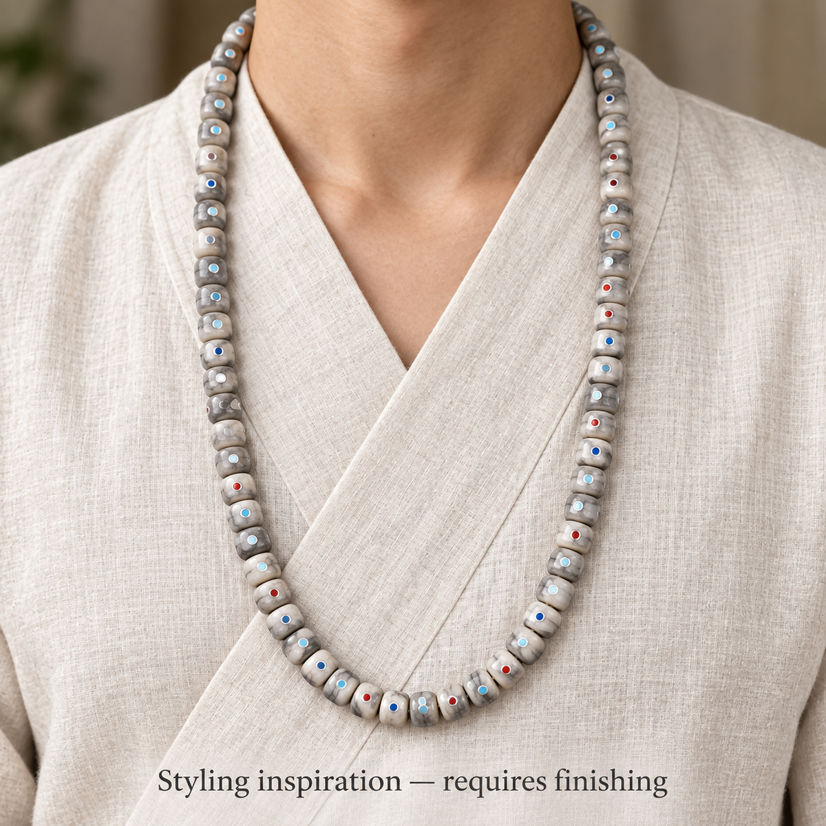 EverestArtstudios Aged Camel Bone Inlaid Multi-Treasure 108-Bead DIY Strand — linen front
