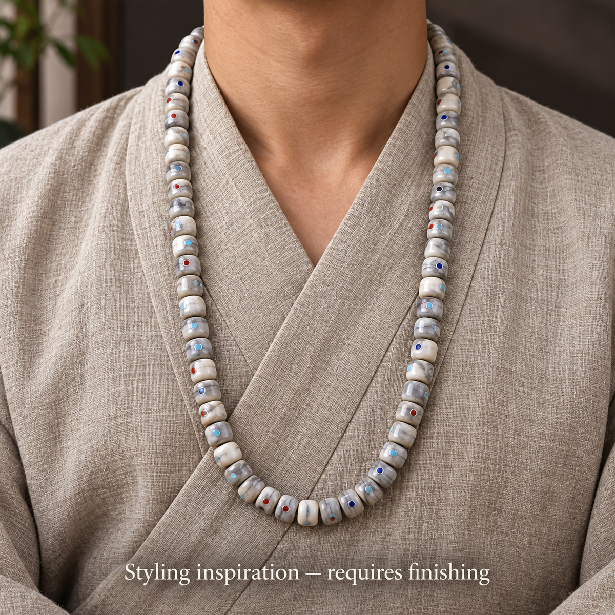 EverestArtstudios Aged Camel Bone Inlaid Multi-Treasure 108-Bead DIY Strand — linen seated