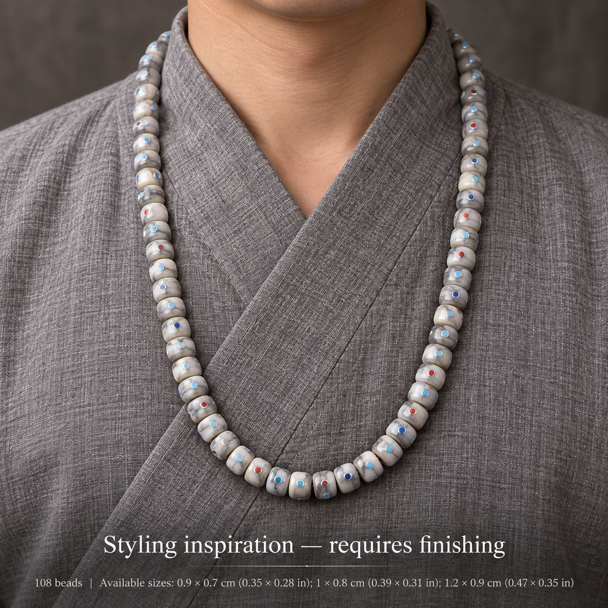 EverestArtstudios Aged Camel Bone Inlaid Multi-Treasure 108-Bead DIY Strand — linen side