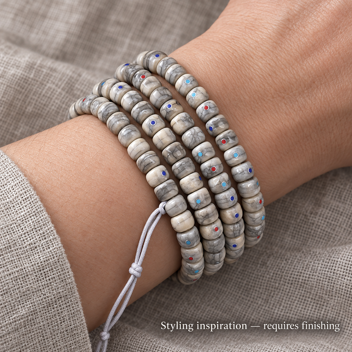 EverestArtstudios Aged Camel Bone Inlaid Multi-Treasure 108-Bead DIY Strand — wrist resting