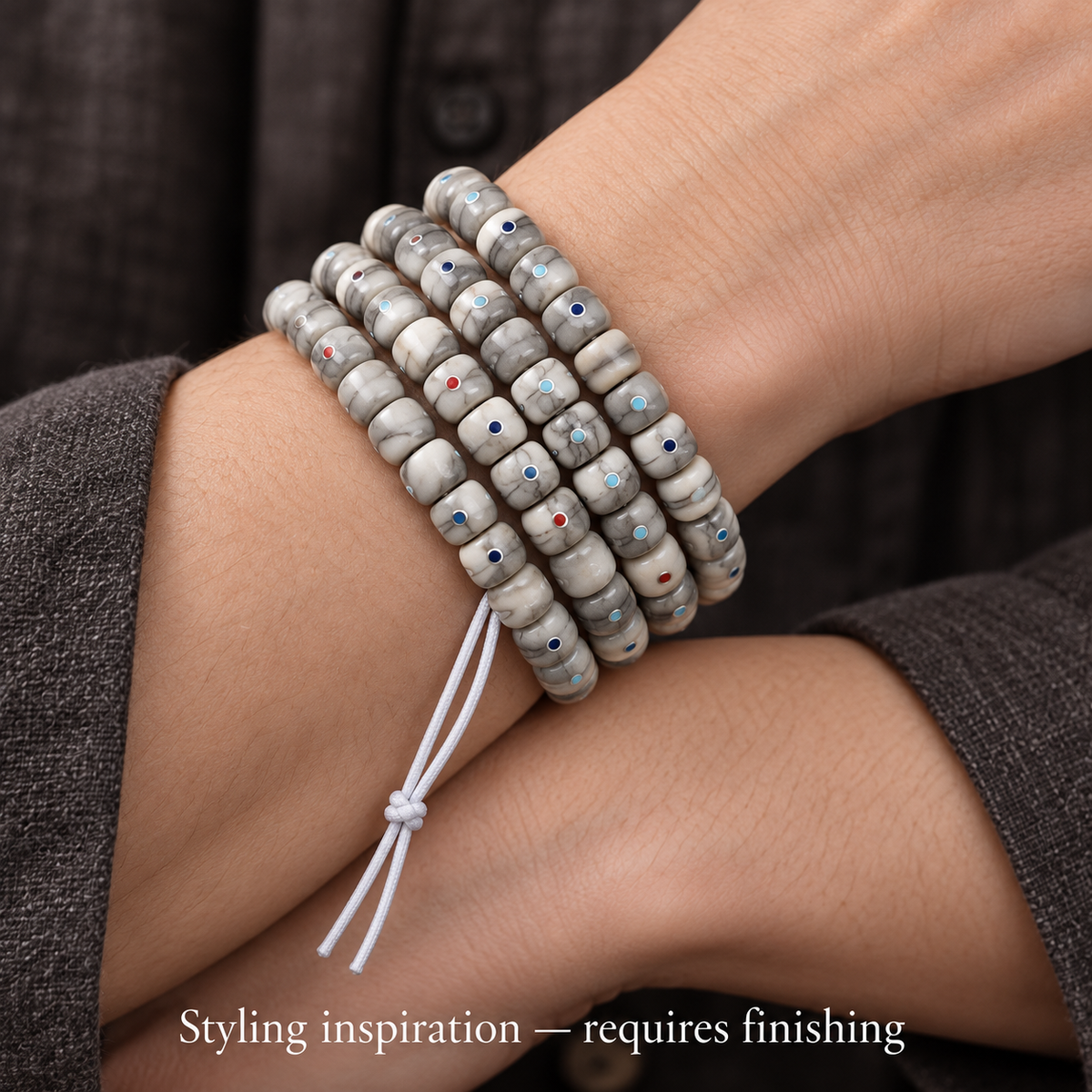 EverestArtstudios Aged Camel Bone Inlaid Multi-Treasure 108-Bead DIY Strand — wrist crossed