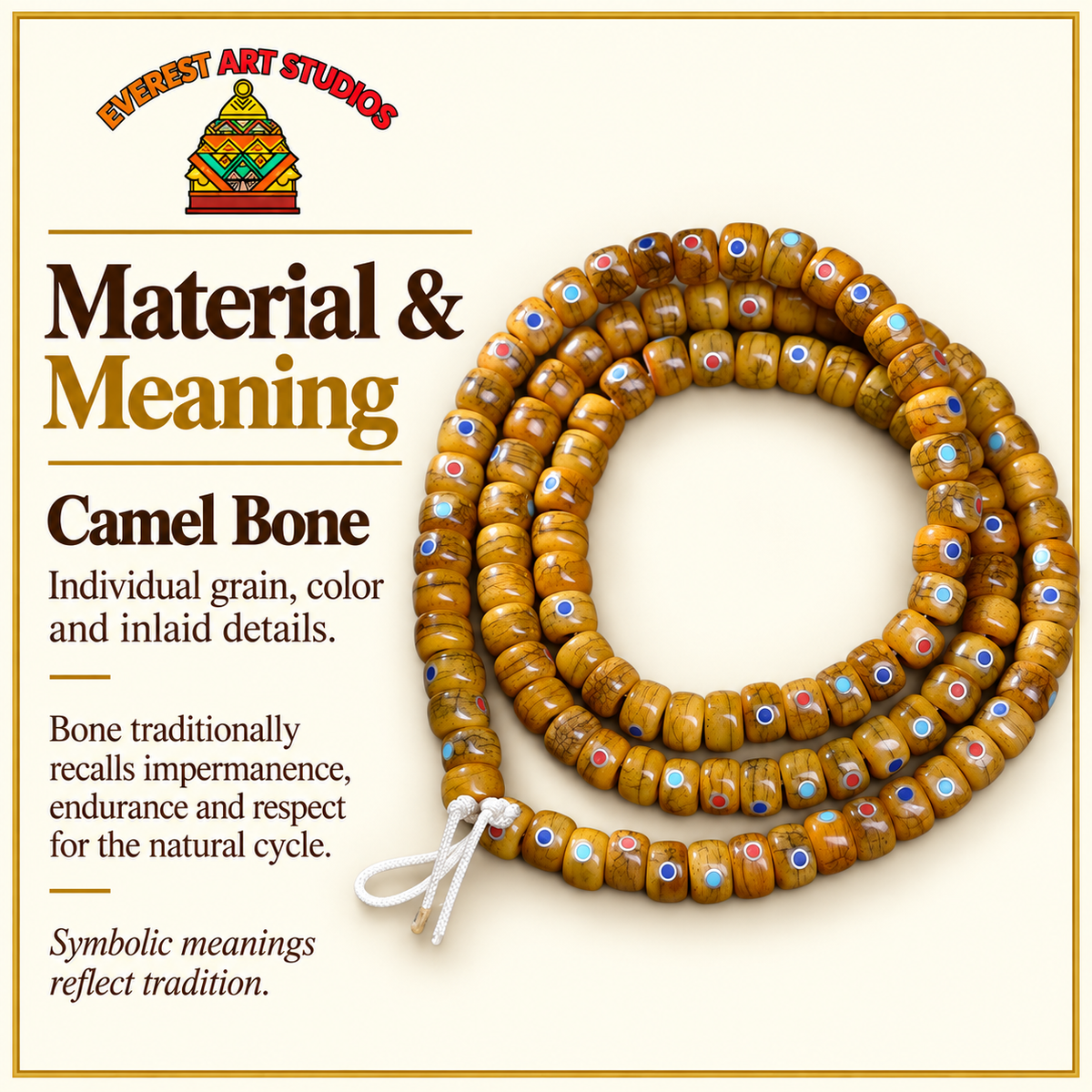 EverestArtstudios Aged Yak and Camel Bone Inlaid 108-Bead DIY Strand — materials meaning