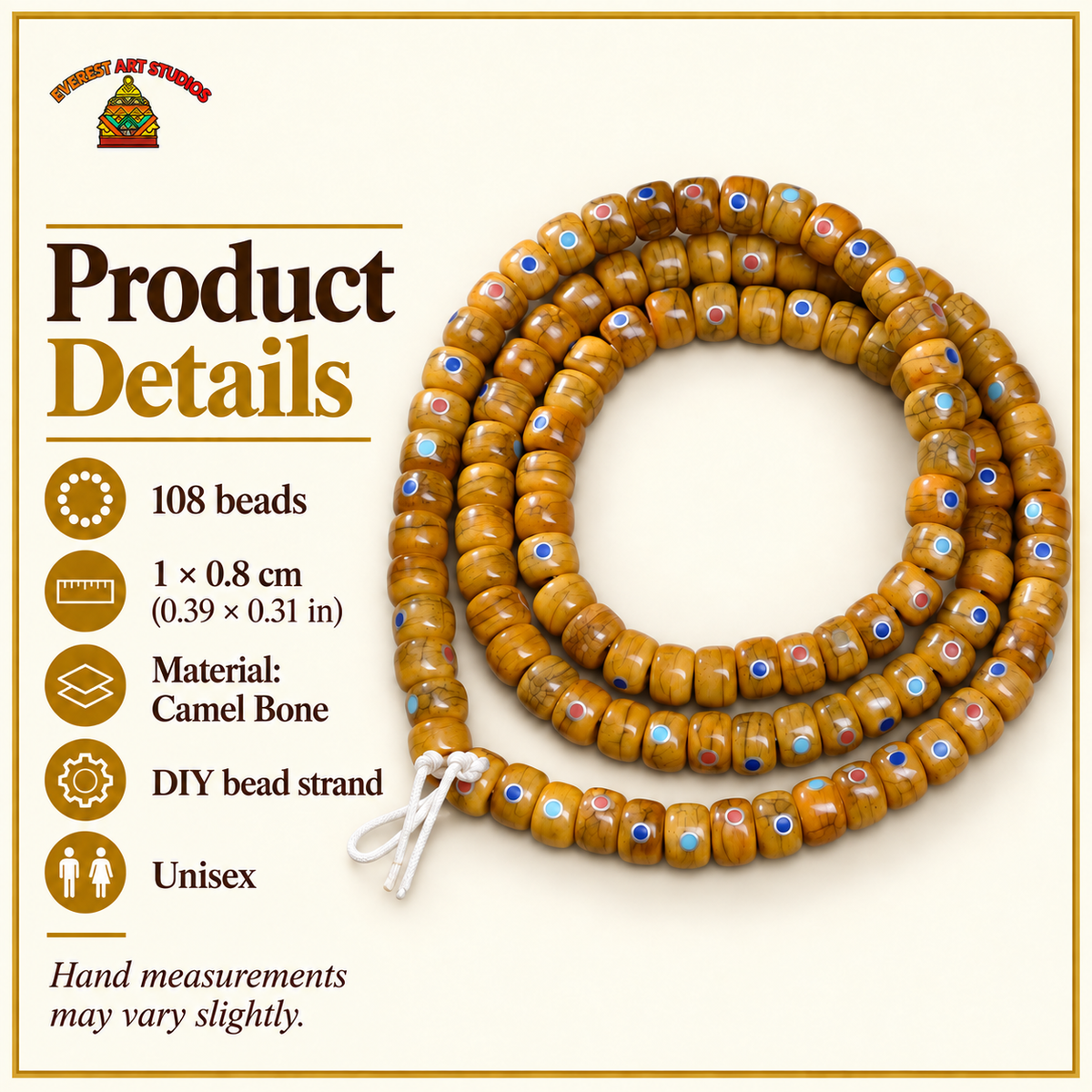 EverestArtstudios Aged Yak and Camel Bone Inlaid 108-Bead DIY Strand — specifications