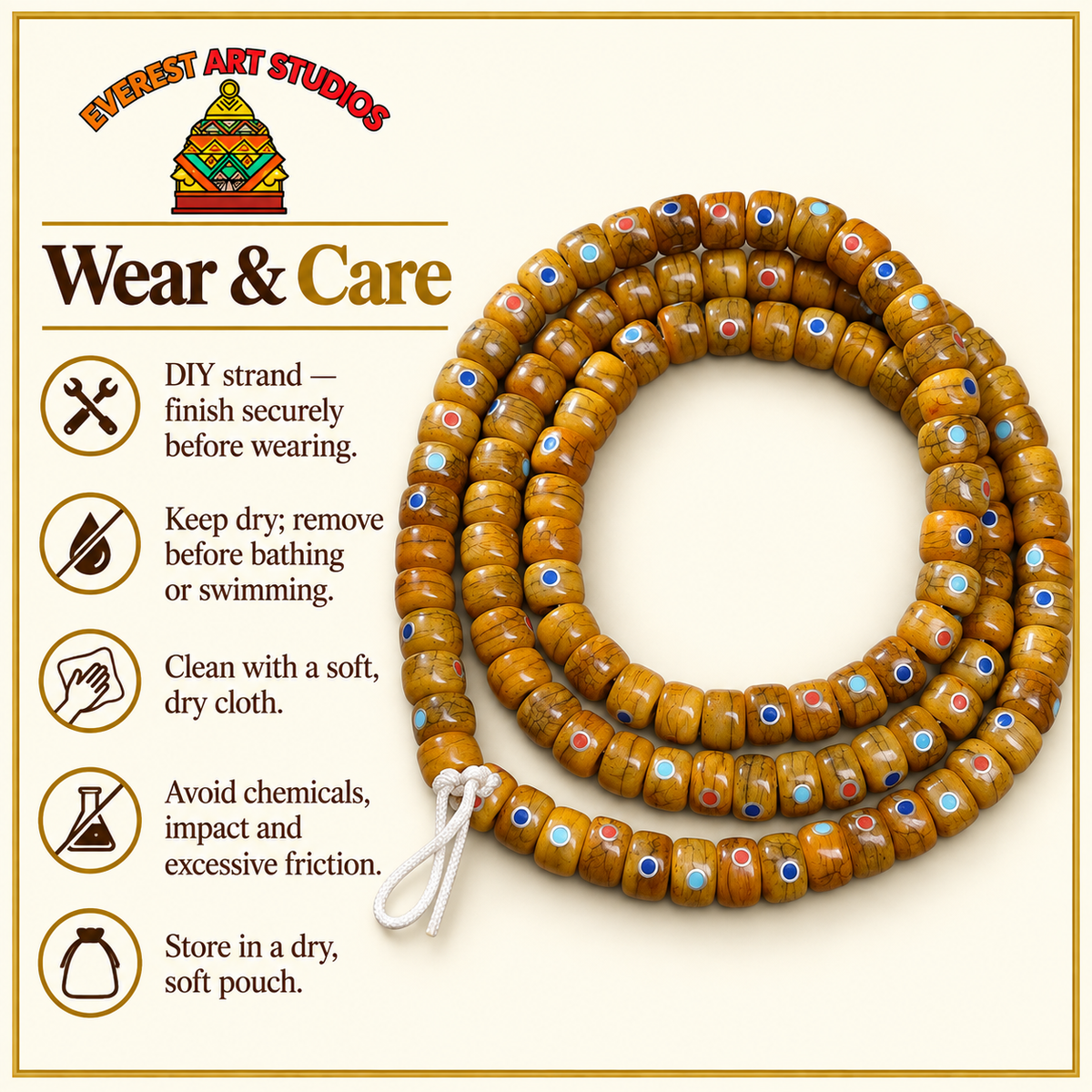 EverestArtstudios Aged Yak and Camel Bone Inlaid 108-Bead DIY Strand — care