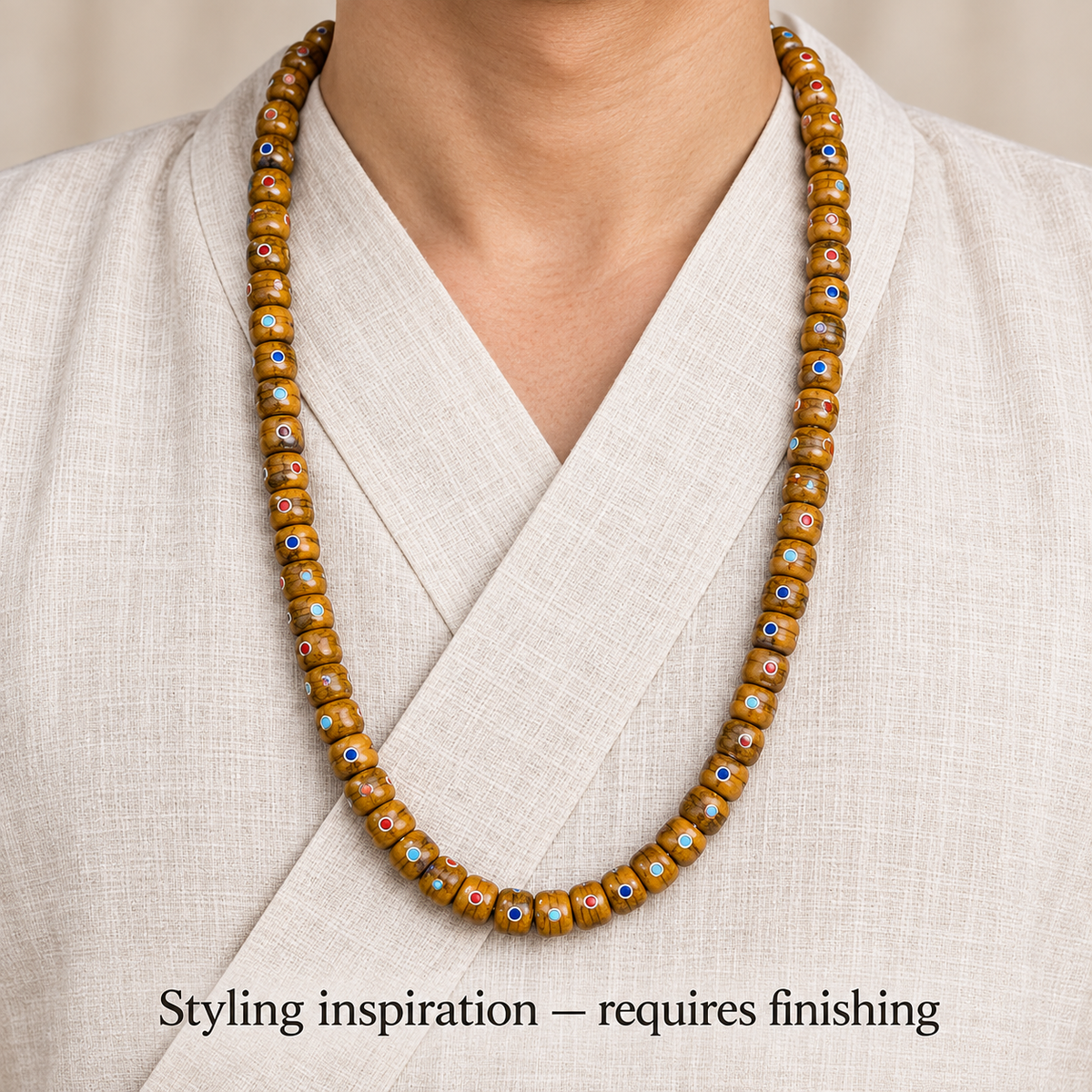 EverestArtstudios Aged Yak and Camel Bone Inlaid 108-Bead DIY Strand — linen front