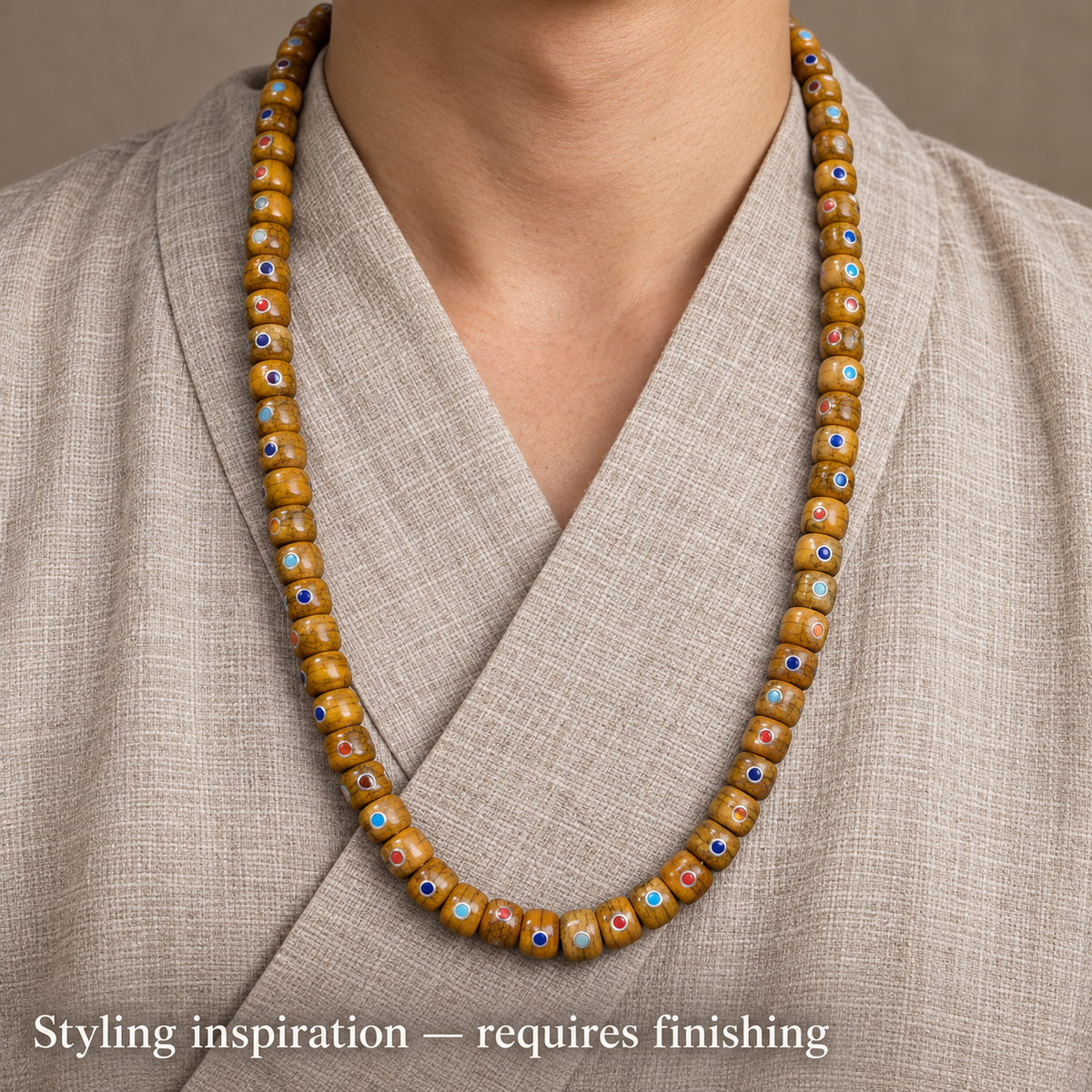 EverestArtstudios Aged Yak and Camel Bone Inlaid 108-Bead DIY Strand — linen seated