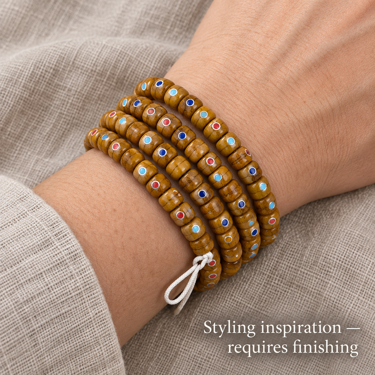 EverestArtstudios Aged Yak and Camel Bone Inlaid 108-Bead DIY Strand — wrist resting