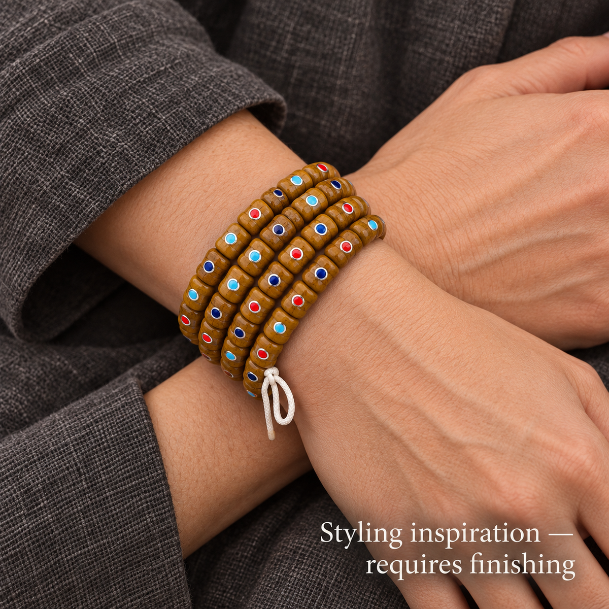 EverestArtstudios Aged Yak and Camel Bone Inlaid 108-Bead DIY Strand — wrist crossed