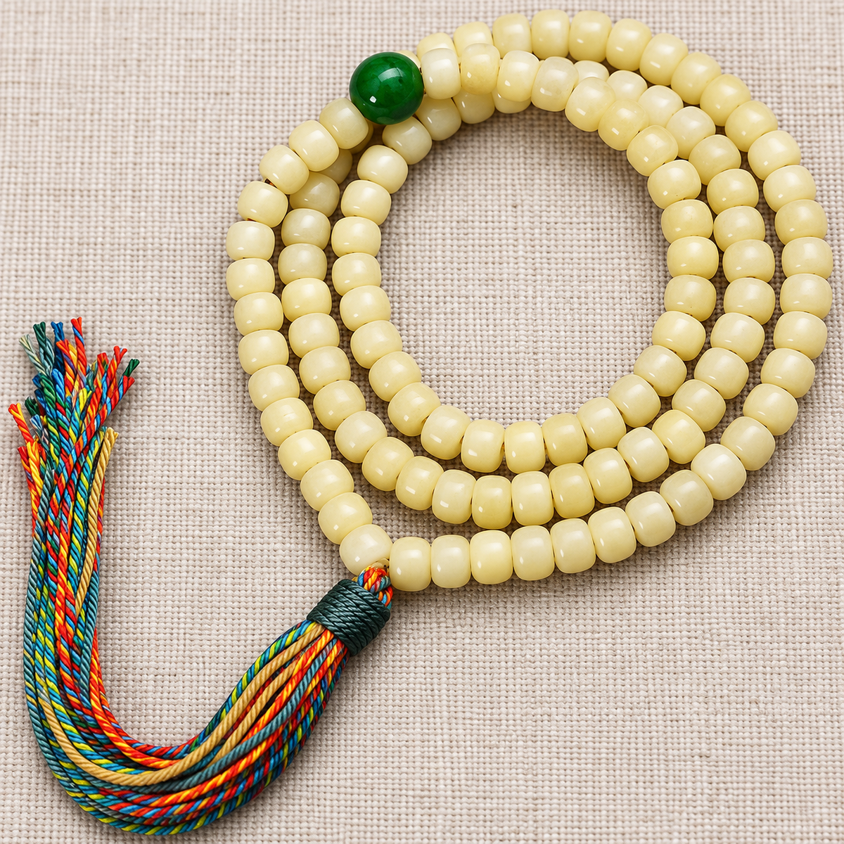 EverestArtstudios Natural Golden-Yellow Camel Bone Barrel-Bead 108-Bead Mala — cord detail