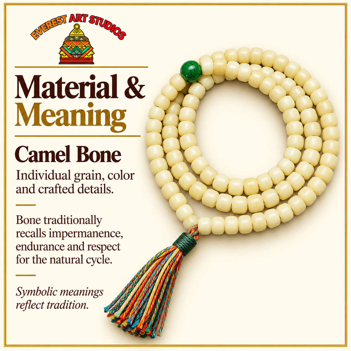 EverestArtstudios Natural Golden-Yellow Camel Bone Barrel-Bead 108-Bead Mala — materials meaning