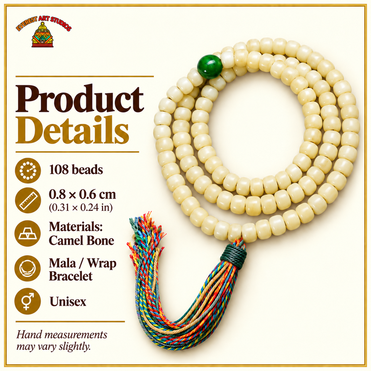EverestArtstudios Natural Golden-Yellow Camel Bone Barrel-Bead 108-Bead Mala — specifications
