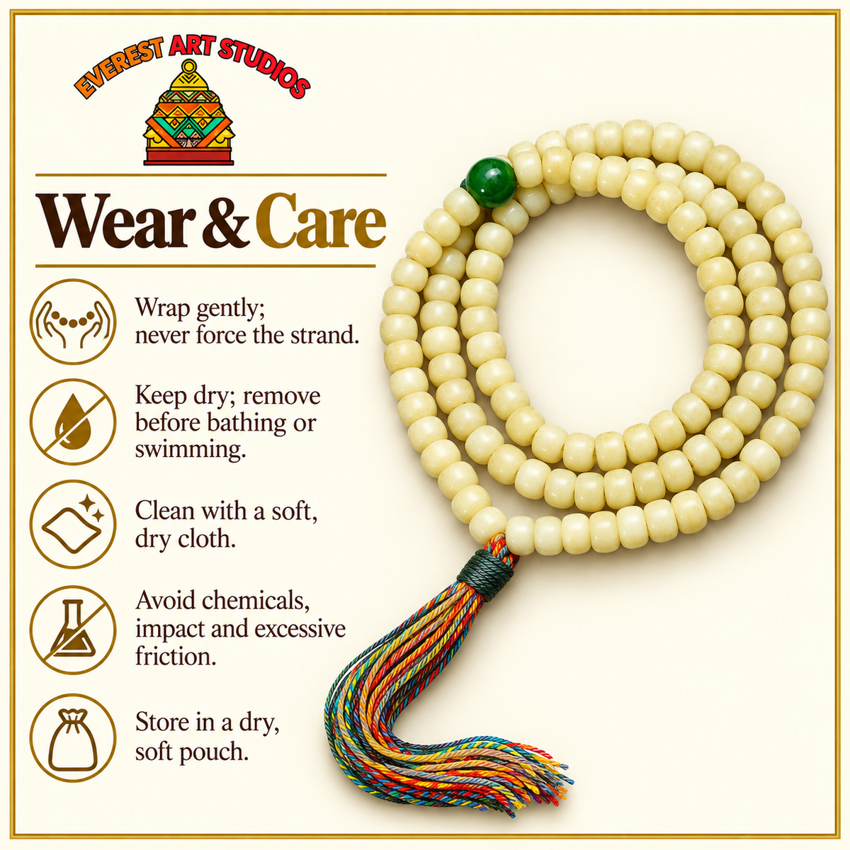 EverestArtstudios Natural Golden-Yellow Camel Bone Barrel-Bead 108-Bead Mala — care