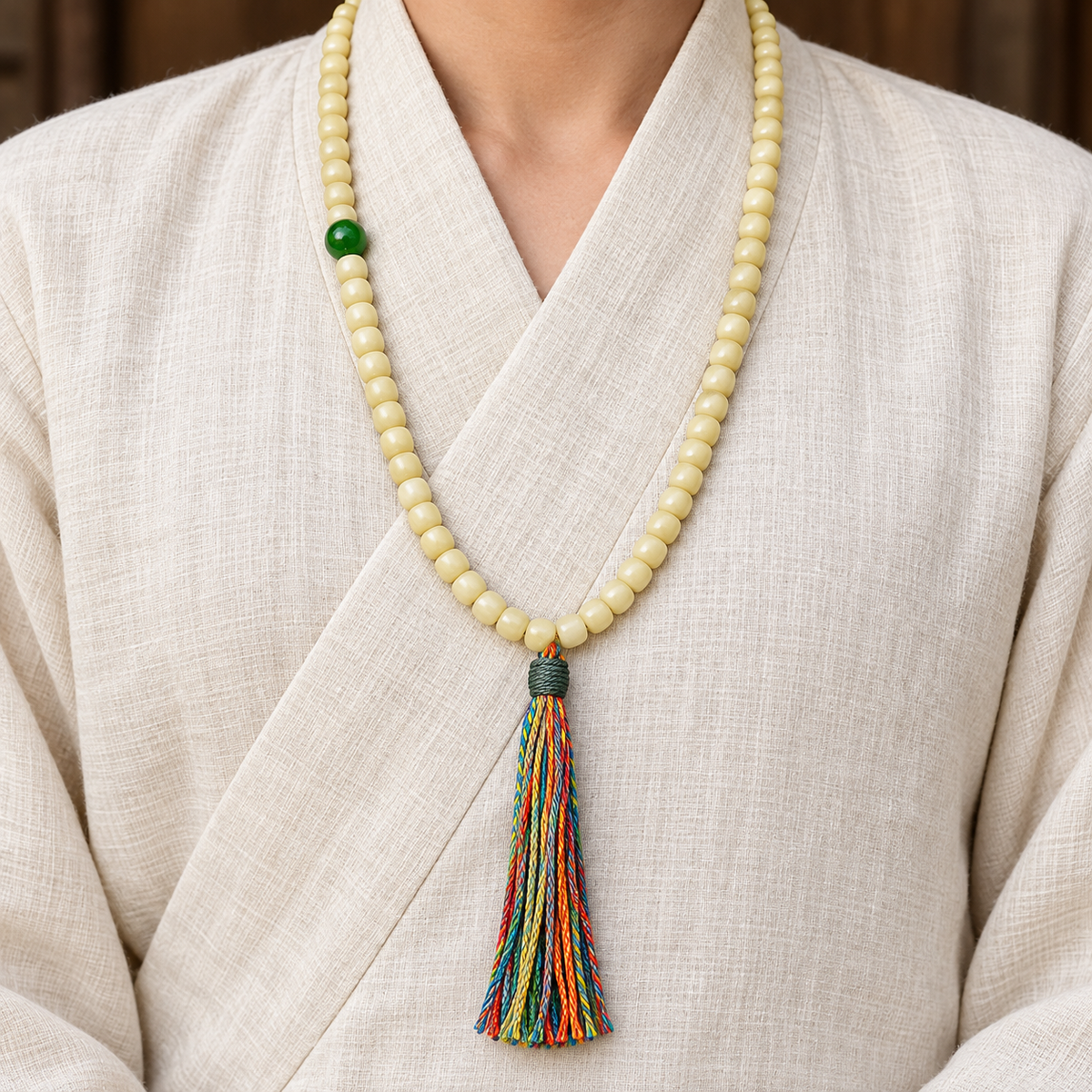 EverestArtstudios Natural Golden-Yellow Camel Bone Barrel-Bead 108-Bead Mala — linen front