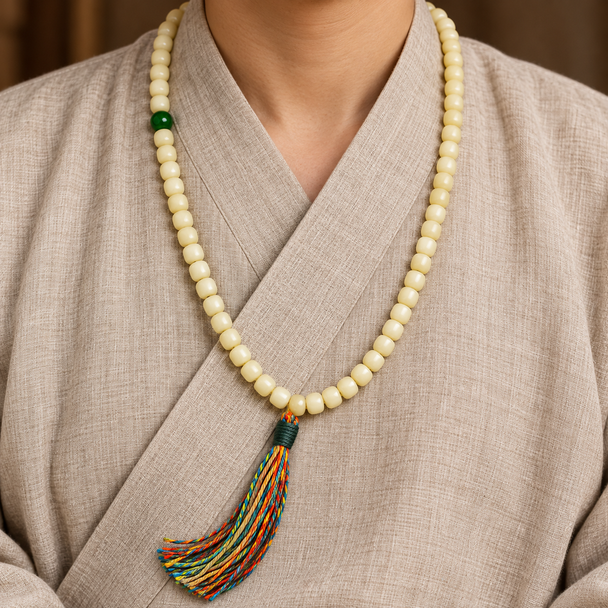 EverestArtstudios Natural Golden-Yellow Camel Bone Barrel-Bead 108-Bead Mala — linen seated