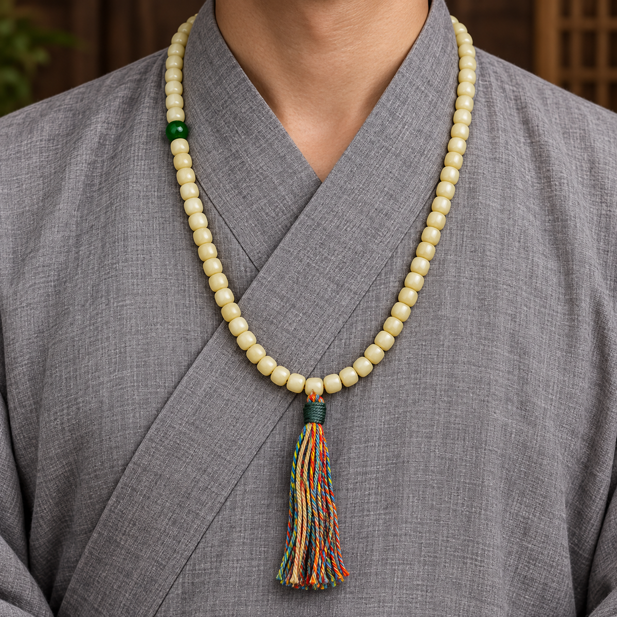 EverestArtstudios Natural Golden-Yellow Camel Bone Barrel-Bead 108-Bead Mala — linen side