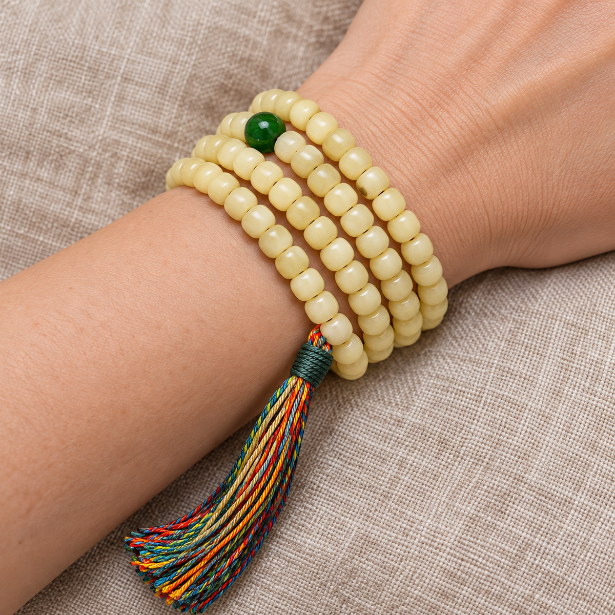 EverestArtstudios Natural Golden-Yellow Camel Bone Barrel-Bead 108-Bead Mala — wrist resting