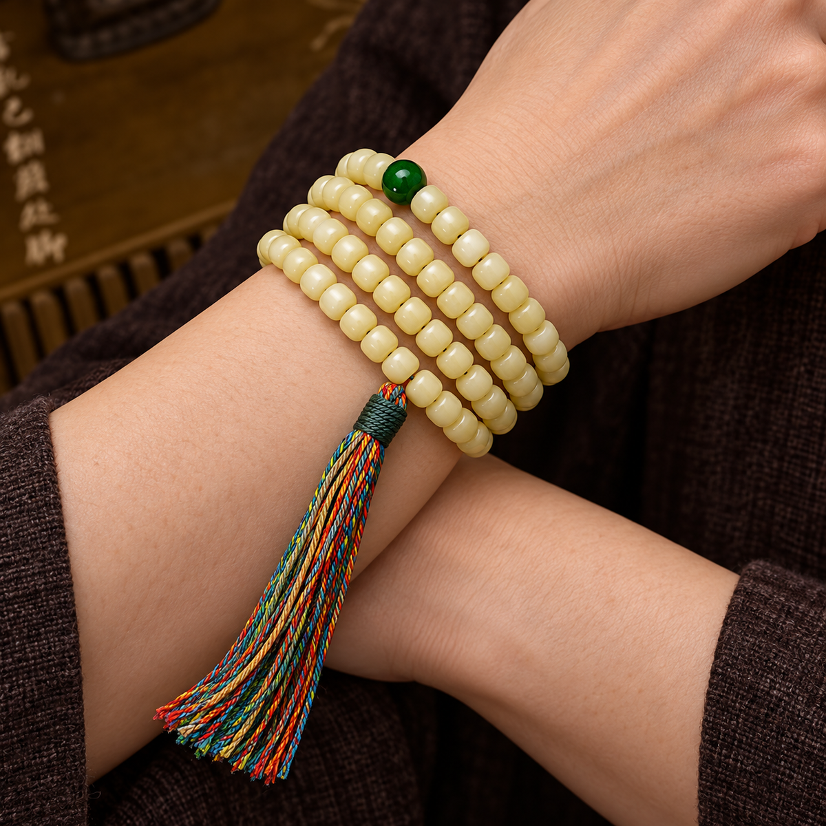 EverestArtstudios Natural Golden-Yellow Camel Bone Barrel-Bead 108-Bead Mala — wrist crossed