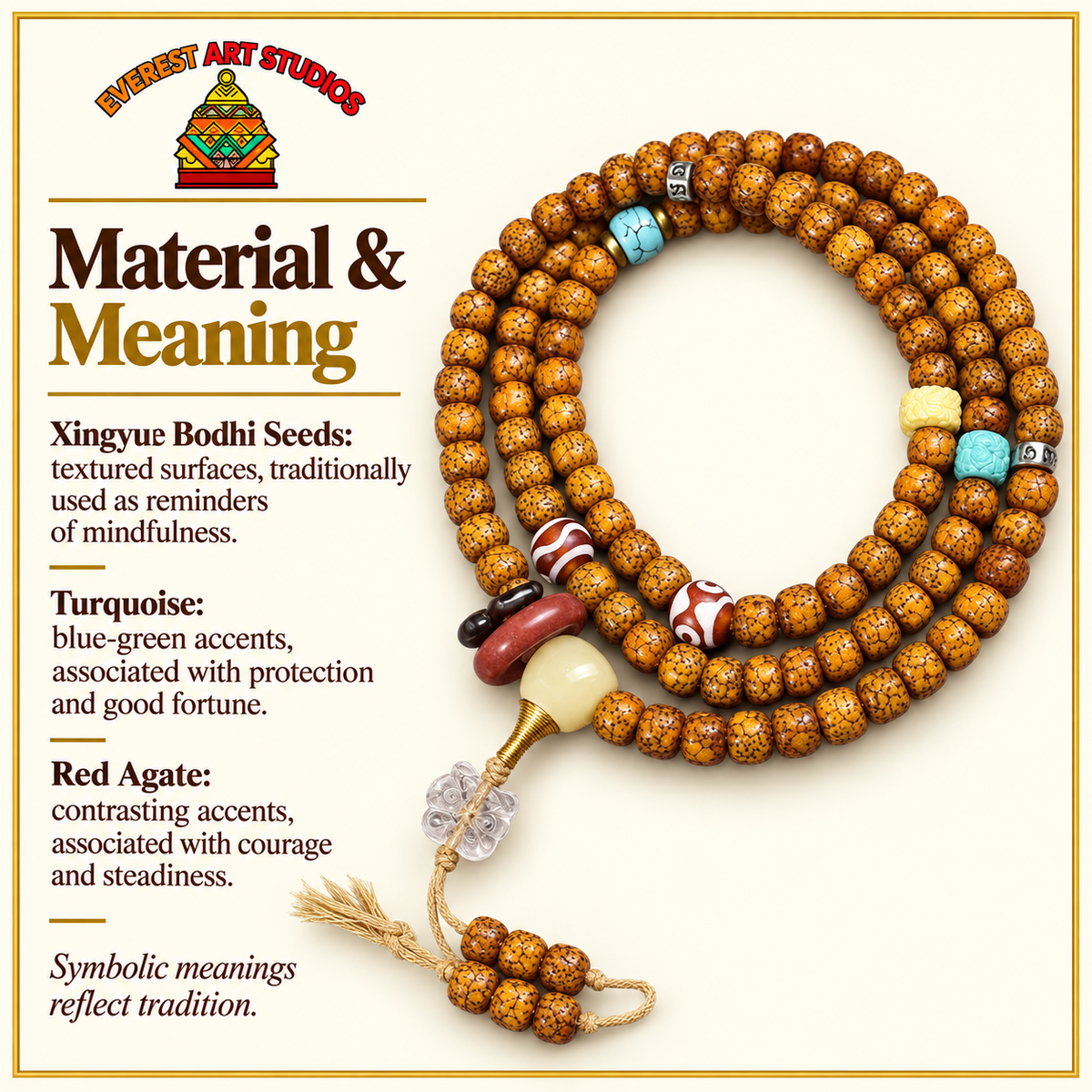 EverestArtstudios Natural Hainan Xingyue Bodhi Red Agate Turquoise 108-Bead Mala — materials meaning