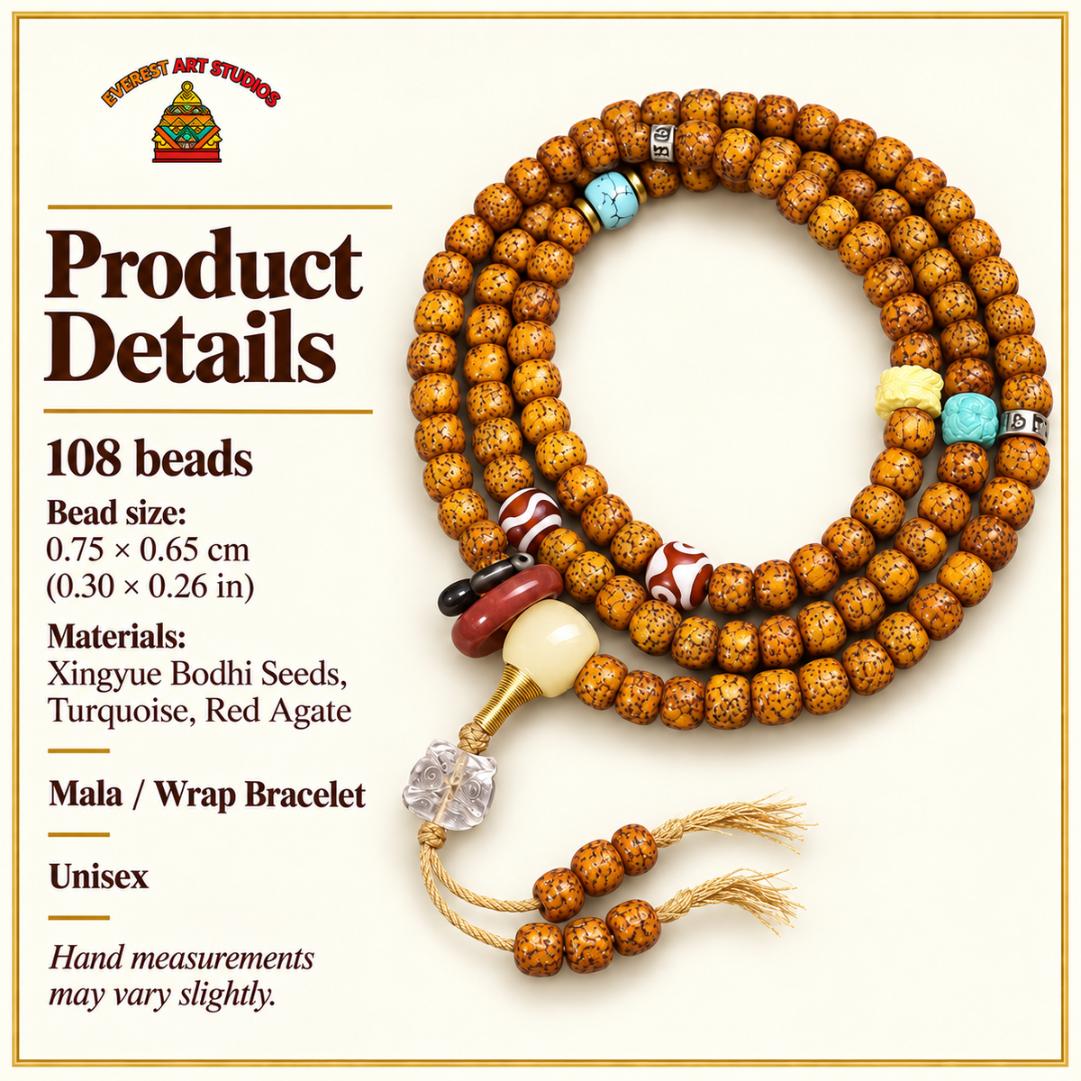 EverestArtstudios Natural Hainan Xingyue Bodhi Red Agate Turquoise 108-Bead Mala — specifications