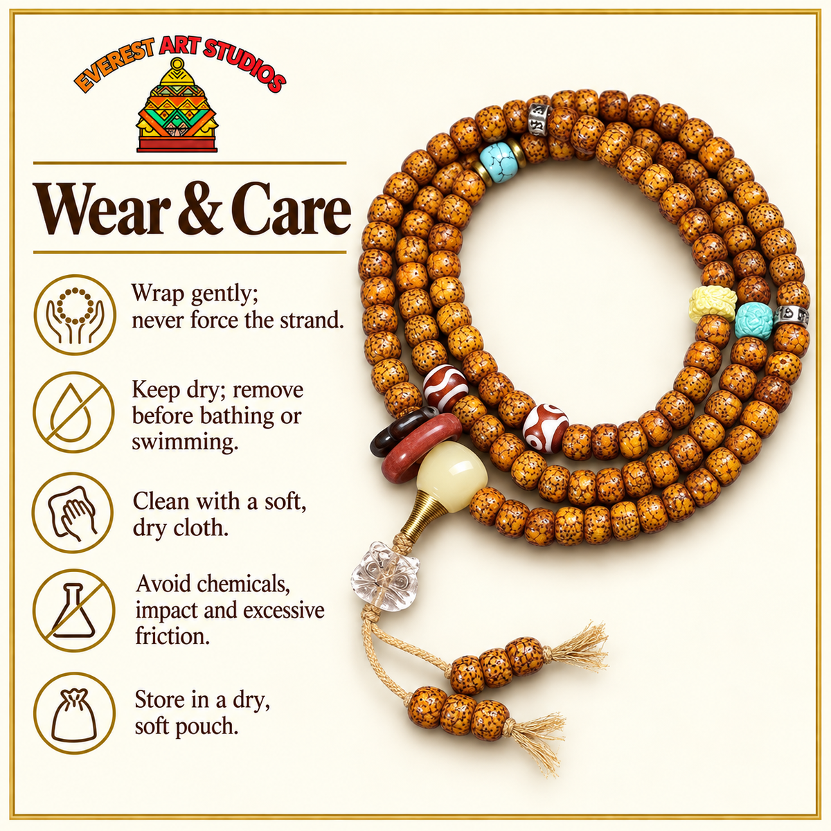 EverestArtstudios Natural Hainan Xingyue Bodhi Red Agate Turquoise 108-Bead Mala — care