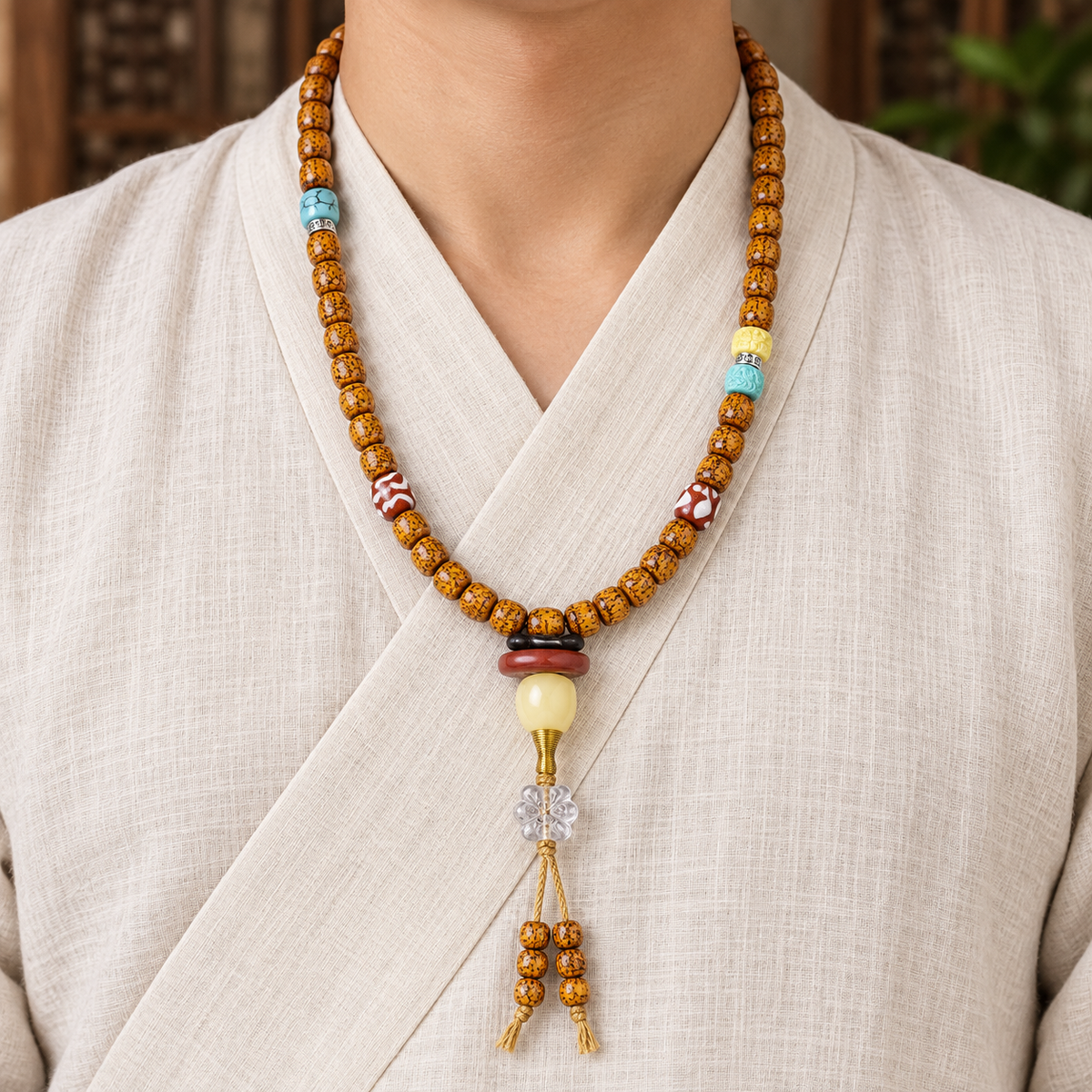EverestArtstudios Natural Hainan Xingyue Bodhi Red Agate Turquoise 108-Bead Mala — linen front