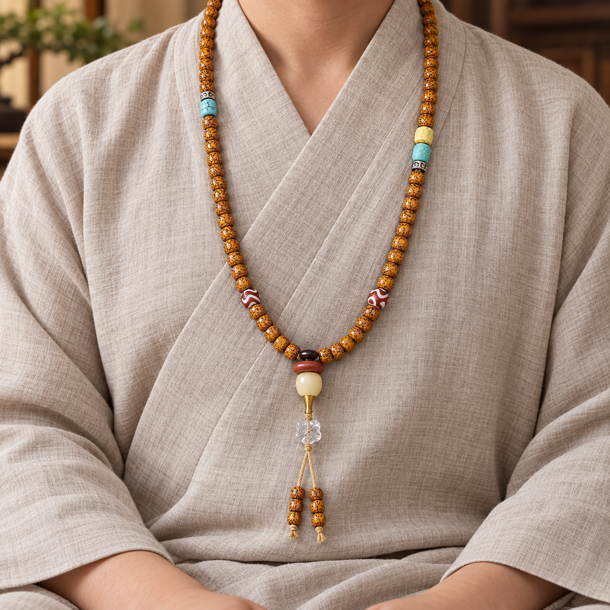 EverestArtstudios Natural Hainan Xingyue Bodhi Red Agate Turquoise 108-Bead Mala — linen seated