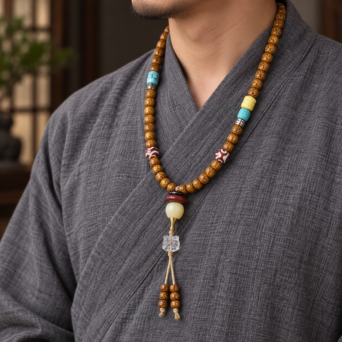 EverestArtstudios Natural Hainan Xingyue Bodhi Red Agate Turquoise 108-Bead Mala — linen side