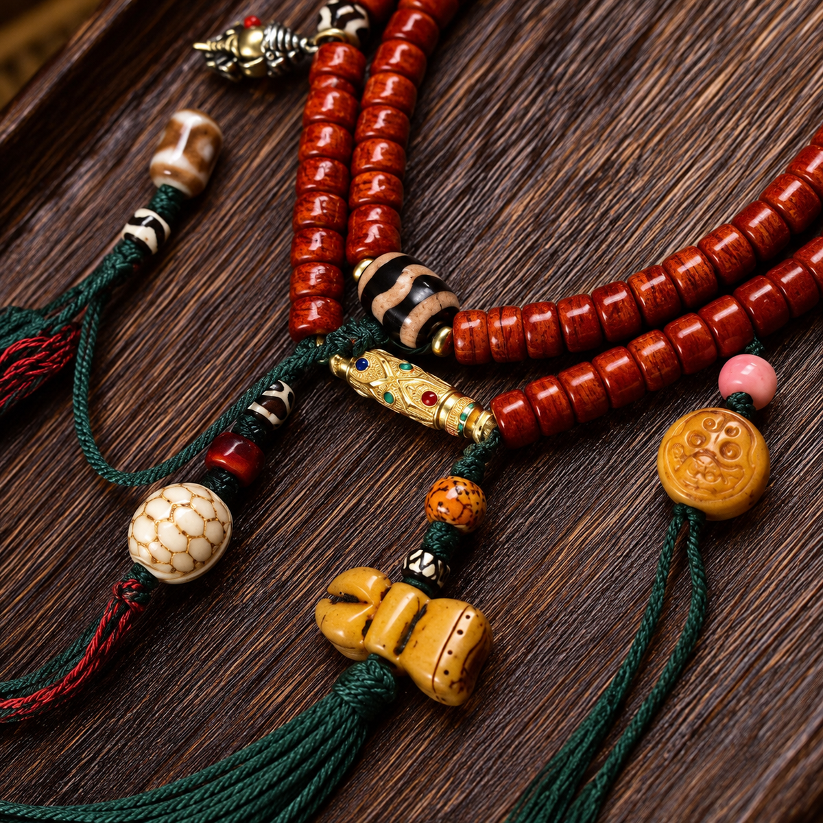 EverestArtstudios Tibetan Yak Bone Barrel-Bead 108-Bead Mala with Copper Clip — connection detail