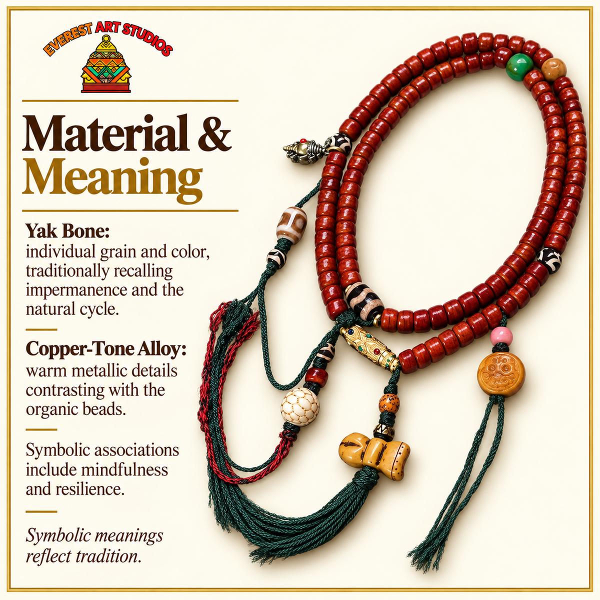 EverestArtstudios Tibetan Yak Bone Barrel-Bead 108-Bead Mala with Copper Clip — materials meaning