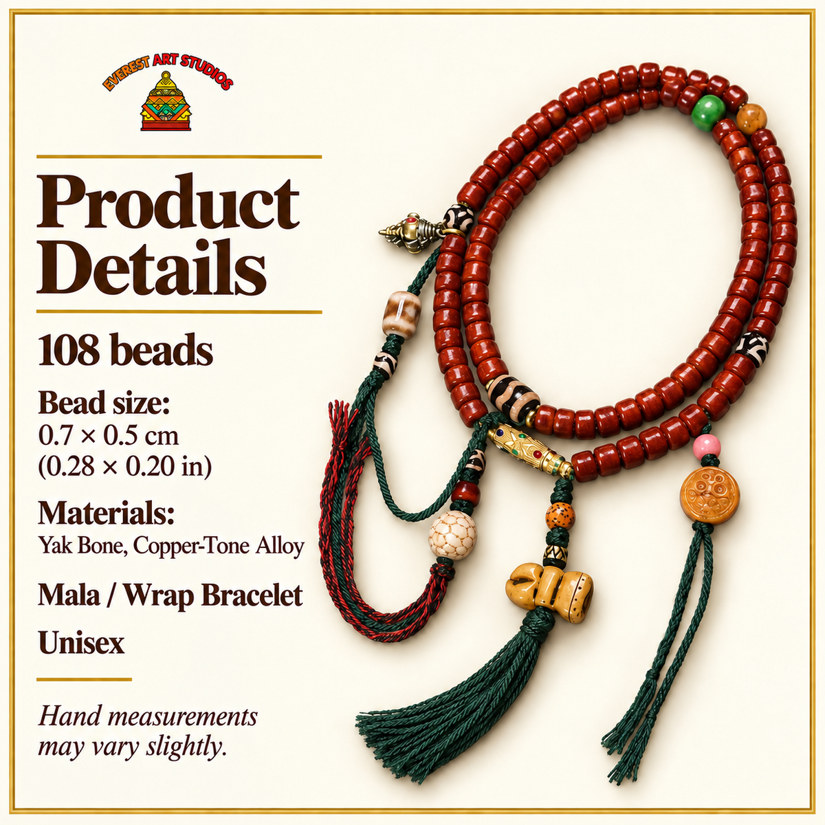 EverestArtstudios Tibetan Yak Bone Barrel-Bead 108-Bead Mala with Copper Clip — specifications