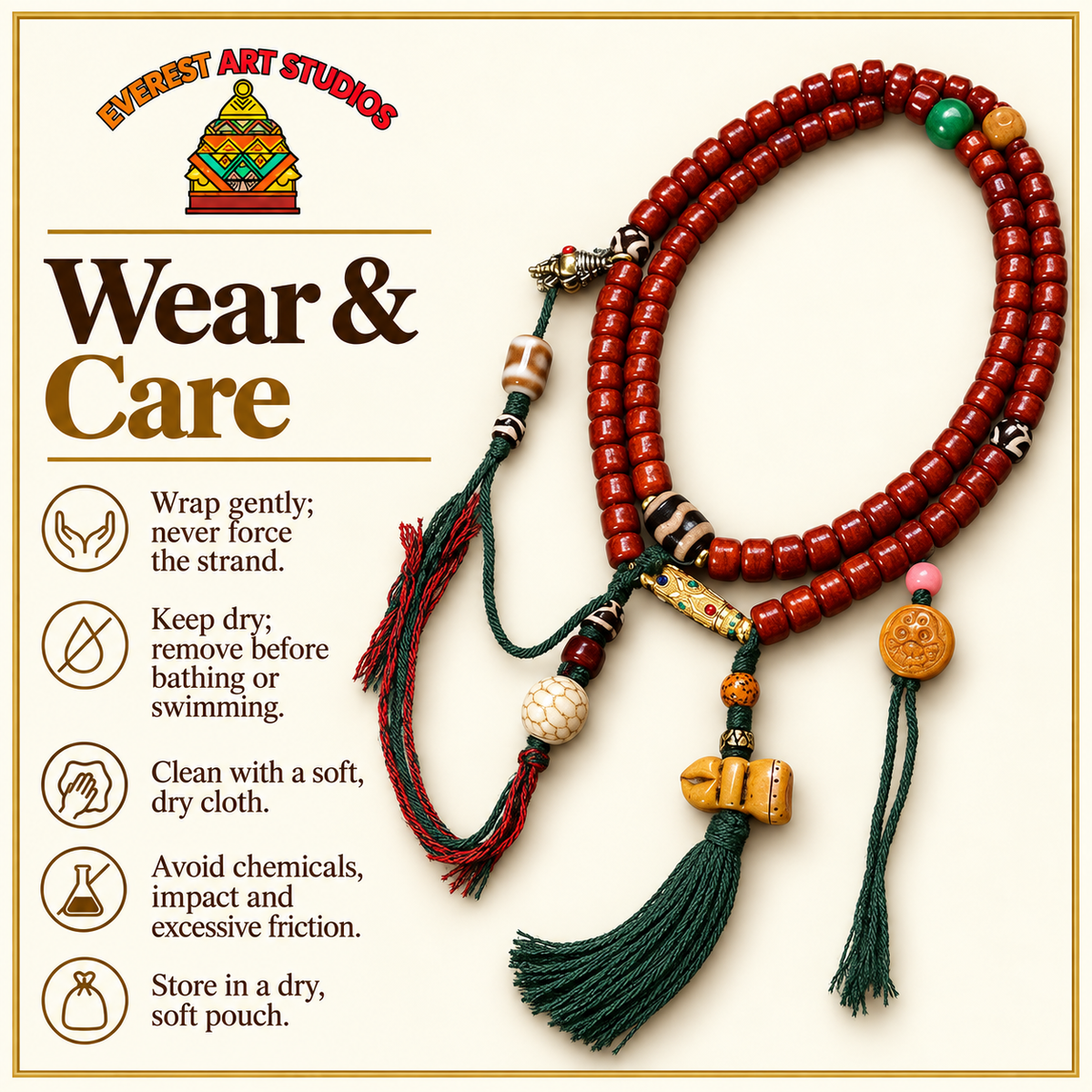 EverestArtstudios Tibetan Yak Bone Barrel-Bead 108-Bead Mala with Copper Clip — care