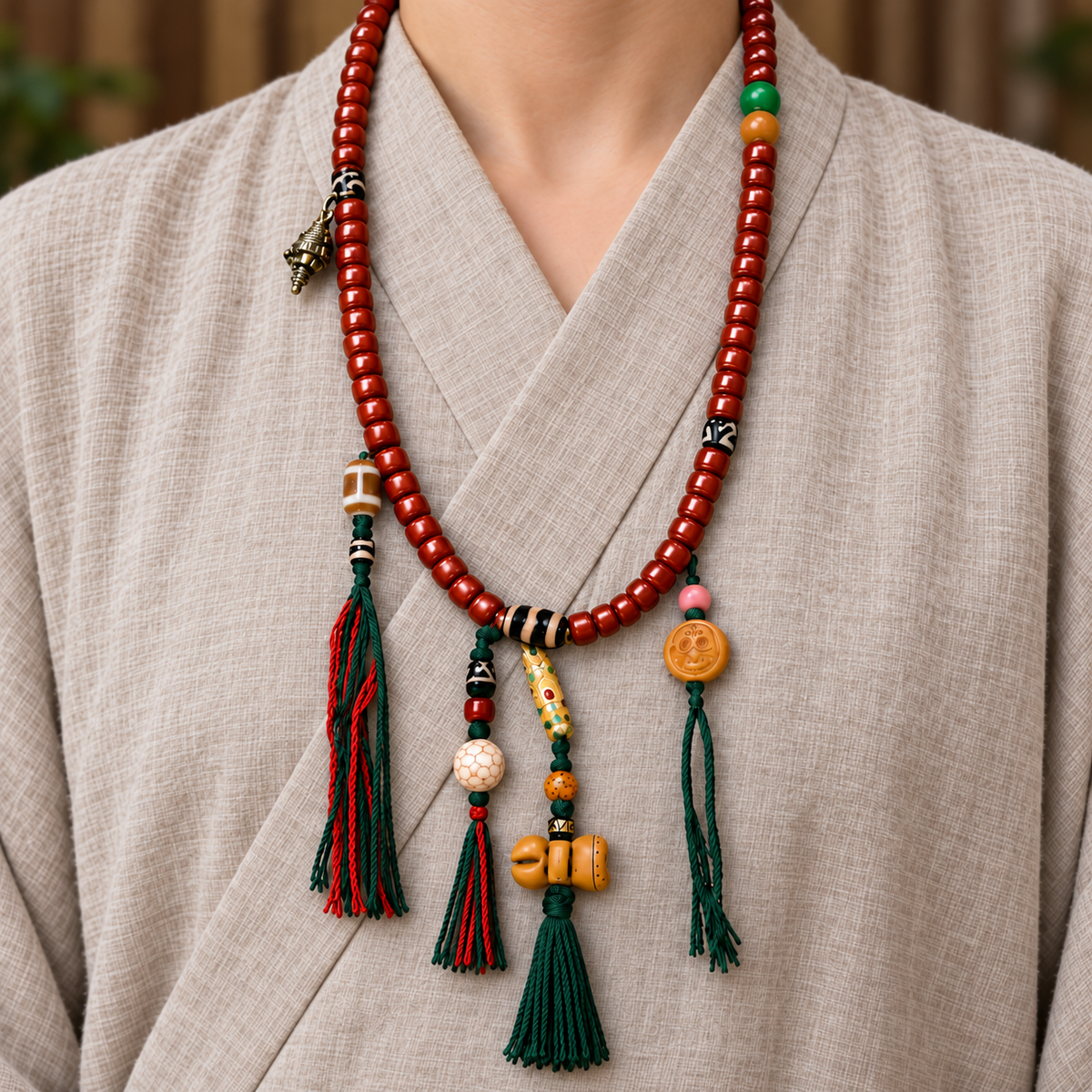 EverestArtstudios Tibetan Yak Bone Barrel-Bead 108-Bead Mala with Copper Clip — linen front