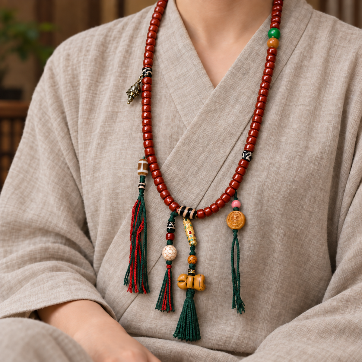 EverestArtstudios Tibetan Yak Bone Barrel-Bead 108-Bead Mala with Copper Clip — linen seated