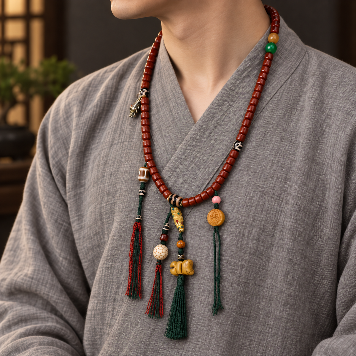 EverestArtstudios Tibetan Yak Bone Barrel-Bead 108-Bead Mala with Copper Clip — linen side