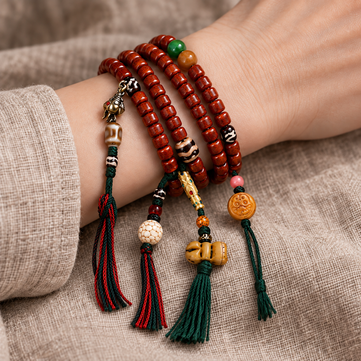 EverestArtstudios Tibetan Yak Bone Barrel-Bead 108-Bead Mala with Copper Clip — wrist resting