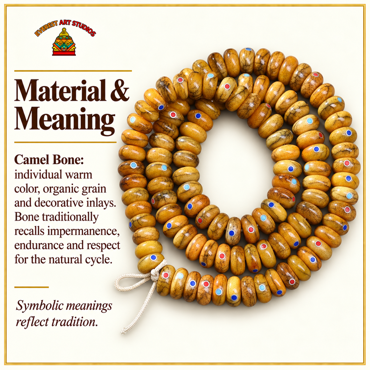 EverestArtstudios Aged Camel Bone Inlaid Abacus-Bead 108-Bead DIY Strand — materials meaning