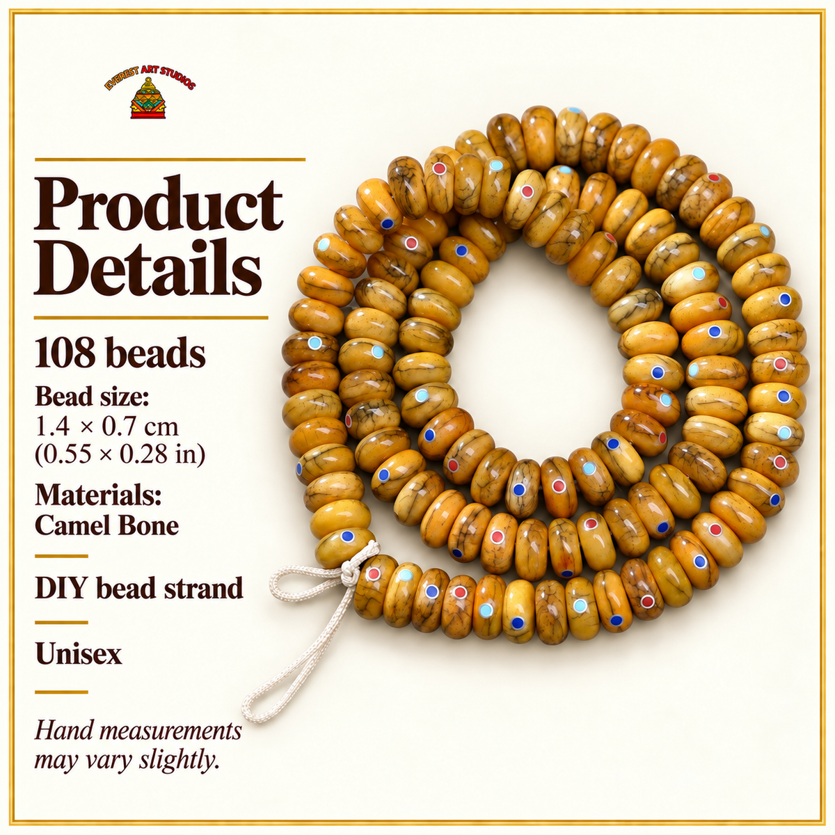EverestArtstudios Aged Camel Bone Inlaid Abacus-Bead 108-Bead DIY Strand — specifications