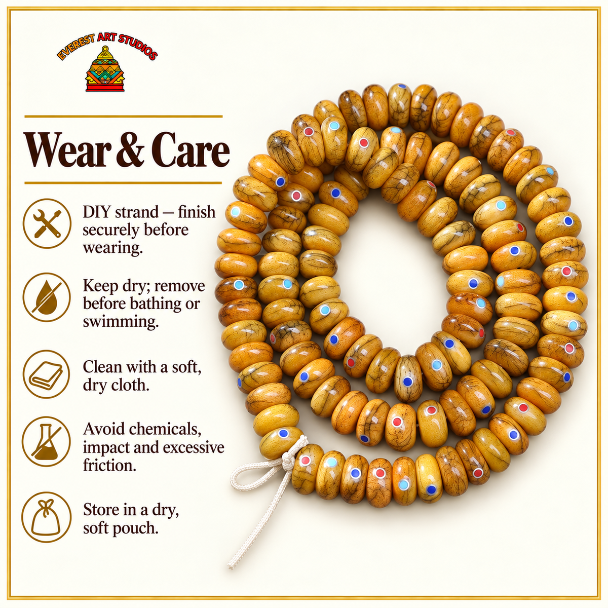 EverestArtstudios Aged Camel Bone Inlaid Abacus-Bead 108-Bead DIY Strand — care