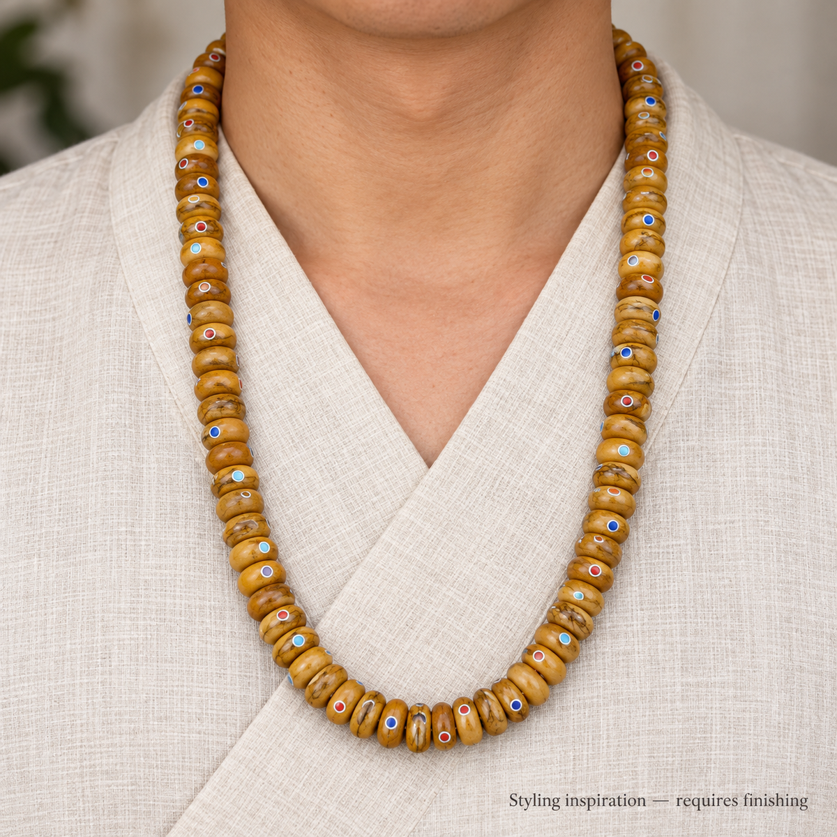 EverestArtstudios Aged Camel Bone Inlaid Abacus-Bead 108-Bead DIY Strand — linen front