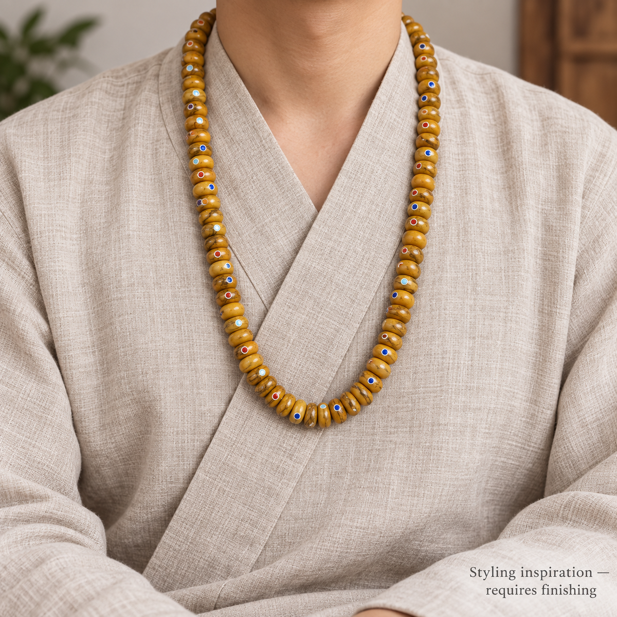 EverestArtstudios Aged Camel Bone Inlaid Abacus-Bead 108-Bead DIY Strand — linen seated