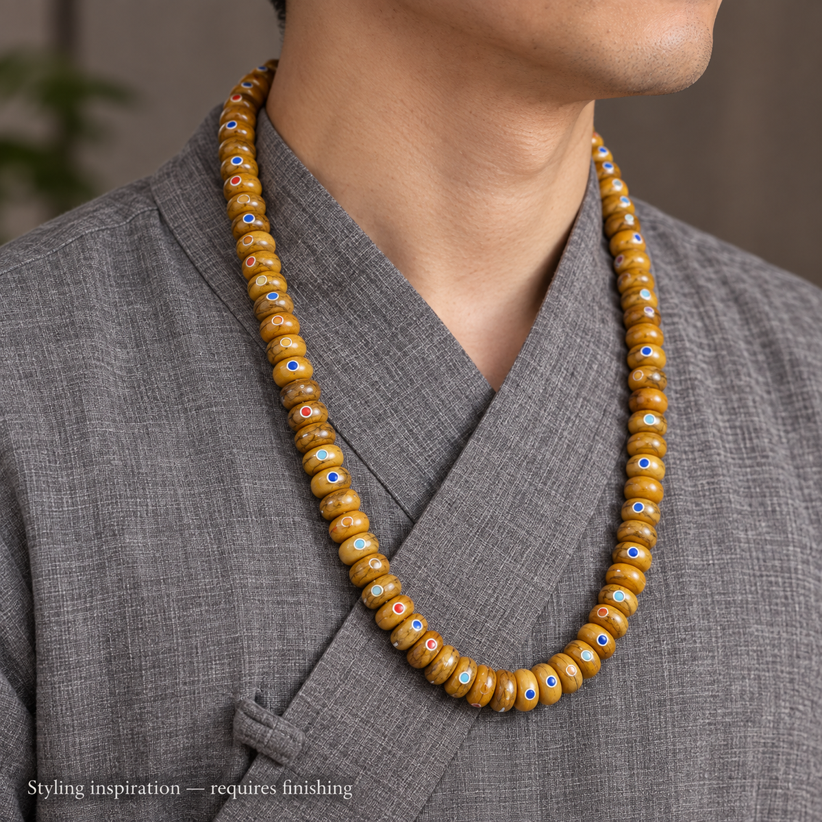 EverestArtstudios Aged Camel Bone Inlaid Abacus-Bead 108-Bead DIY Strand — linen side