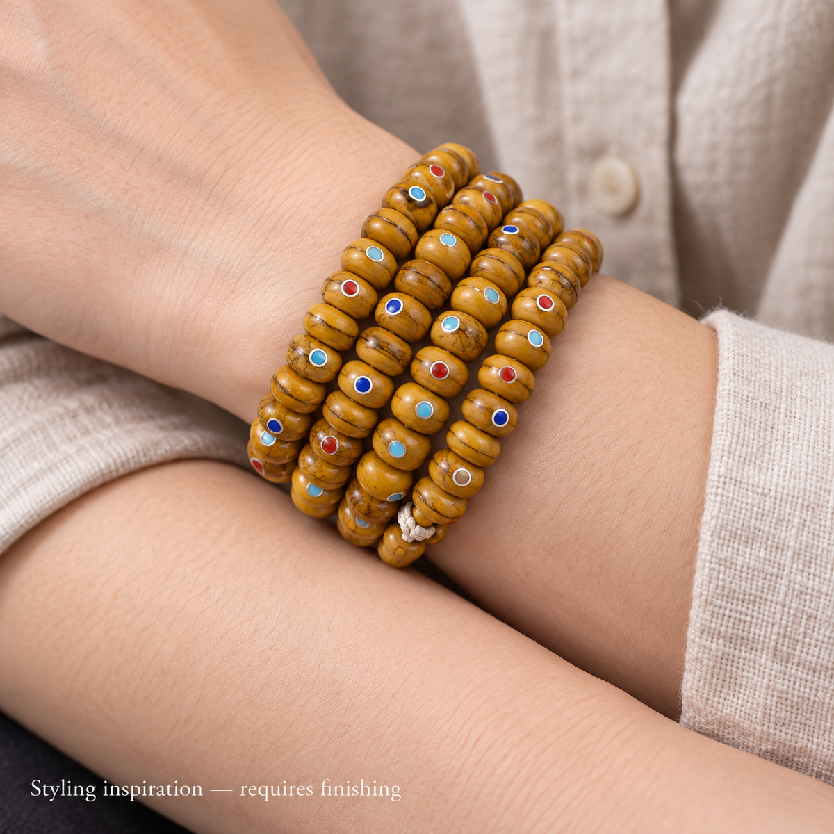 EverestArtstudios Aged Camel Bone Inlaid Abacus-Bead 108-Bead DIY Strand — wrist crossed